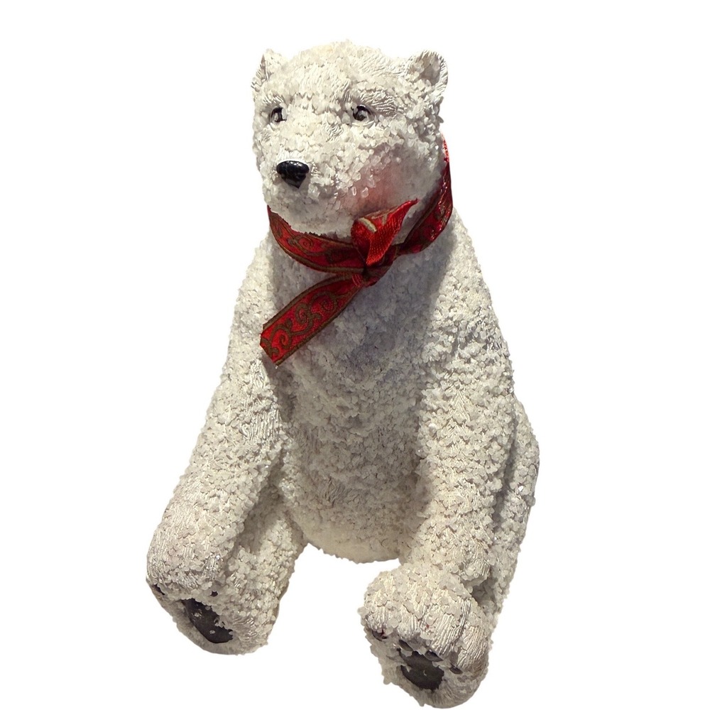 Holiday Inspirations Polar Bear Figurine White Red Ribbon Tabletop Decor